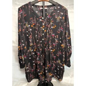 Daniel Rainn Womens 1X‎ Black Floral Pintuck Pleated Roll Tab Chiffon Blouse Top